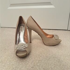 Badgley Mischka Champagne Peep-Toe Heels with Embellishment